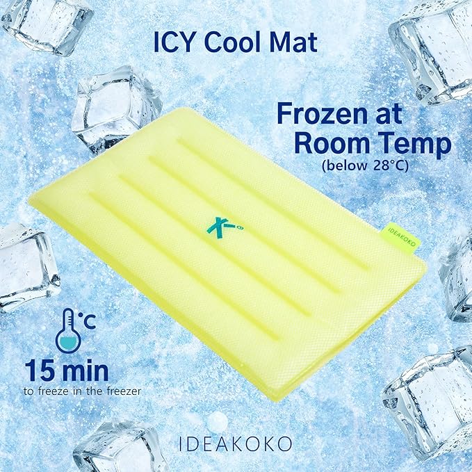 IDEAKOKO Icy Cool Mat. Patented Technology, Frozen at room temperature, Dry (No water droplets), Long lasting, Cool, Fresh, Reusable (Yellow)